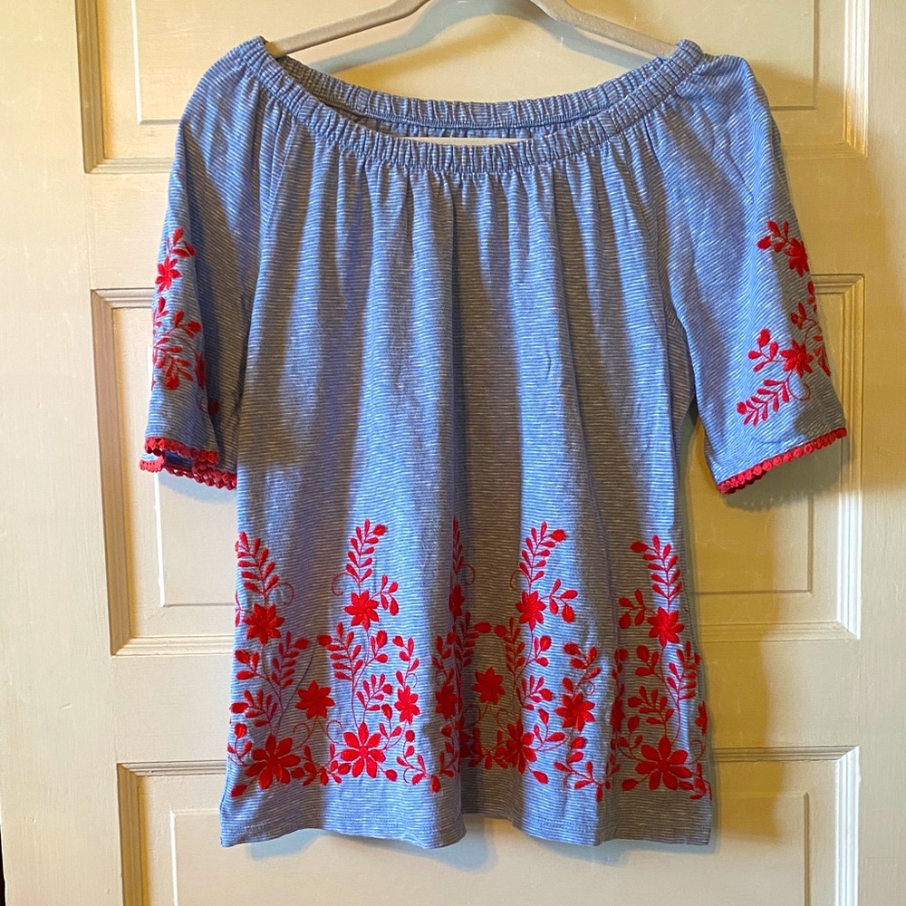 Talbots 100% Cotton Blue Top with Red Embroidery